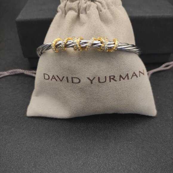 David Yurman Diamond Sterling Silver Gold Plated Wrap Round Bracelet 4mm - Picture 8 of 9